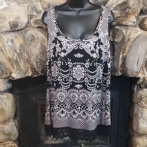 Bila Black & Cream Lace-Print Scoop Neck Tank